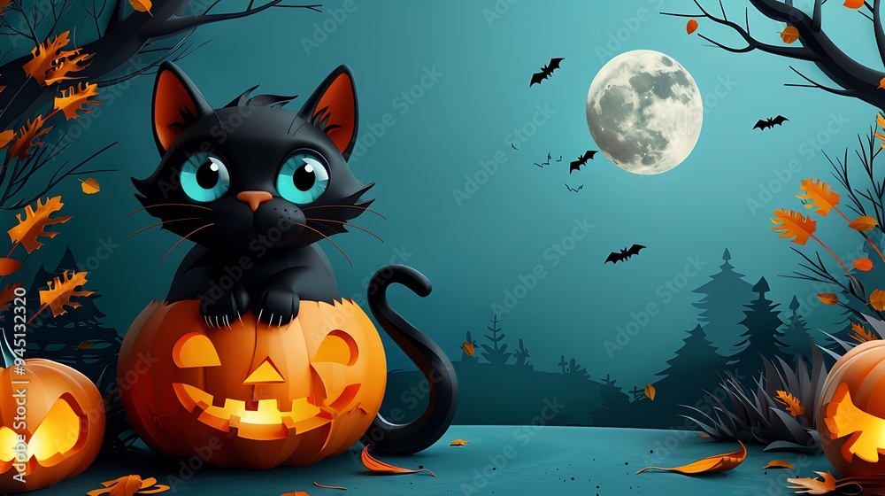 A whimsical paper-crafted black cat with bright green eyes, sitting on a pumpkin, with a full moon illuminating the scene, layered paper trees and misty background creating a magical atmosphere, A whimsical paper-crafted black cat with bright green eyes, sitting on a pumpkin, with a full moon illuminating the scene, layered paper trees and misty background creating a magical atmosphere,