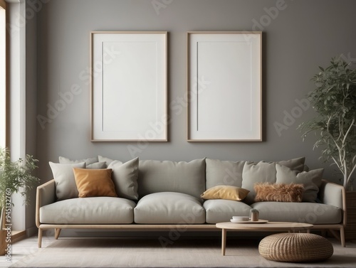 Modern living room with gray sofa, wooden coffee table, and framed artwork.