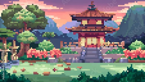 Japanese tea garden pixel art background. 8-bit game assets