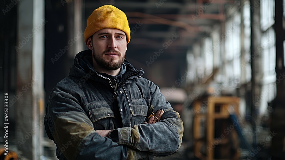 A Man in a Yellow Beanie Standing in a Factory A Man in a Yellow Beanie Standing in a Factory