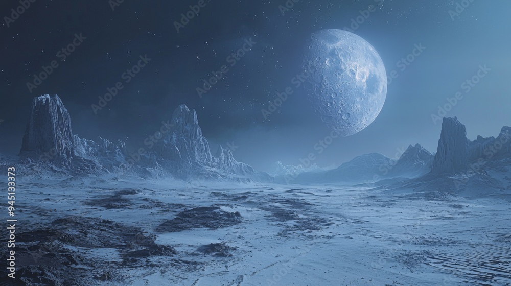Celestial landscape with the moon rising over alien terrain, otherworldly and surreal setting Celestial landscape with the moon rising over alien terrain, otherworldly and surreal setting