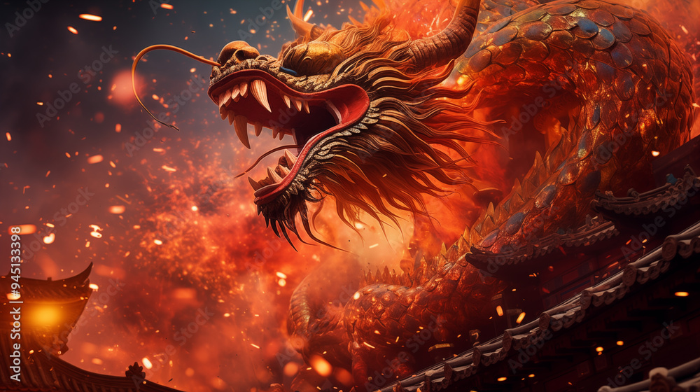 Fiery Dragon Statue on Chinese Temple Roof Fiery Dragon Statue on Chinese Temple Roof