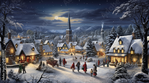 Snowy Christmas Village Night with Full Moon and Church Bell Tower