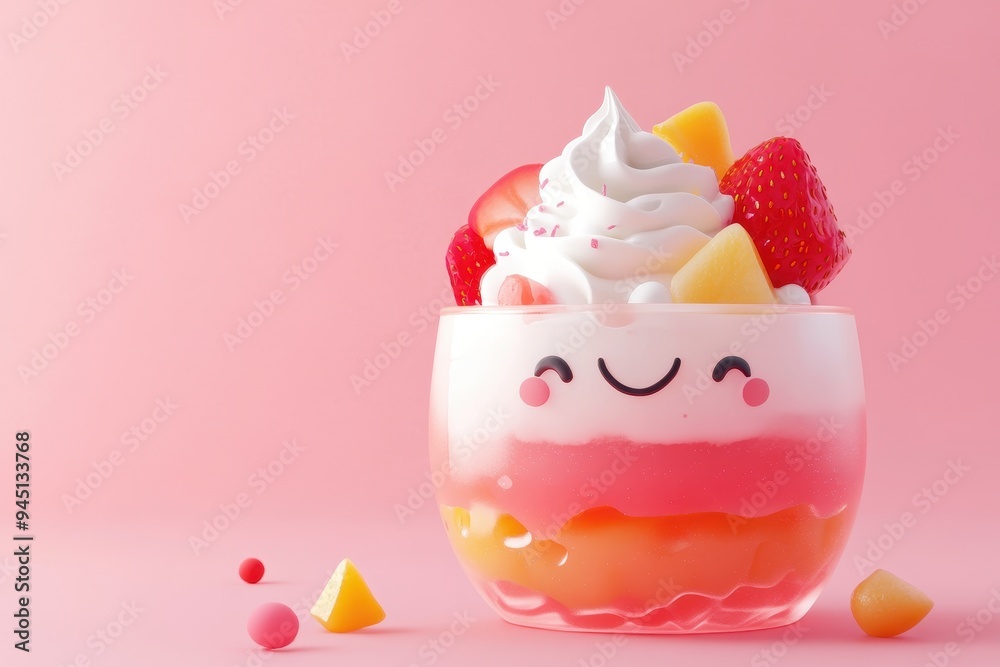 A cheerful dessert in a glass with fruits and whipped cream against a pink background. A cheerful dessert in a glass with fruits and whipped cream against a pink background.
