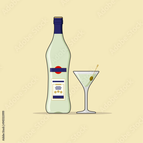 Martini Bottle with a Glass, Alcohol Product Flat Design Vector Illustration.