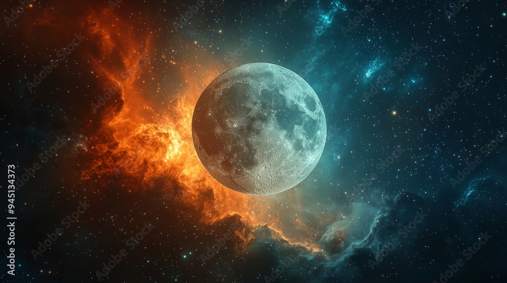 Cosmic lunar event, the moon surrounded by vibrant nebulae and distant stars, deep and mystical scene Cosmic lunar event, the moon surrounded by vibrant nebulae and distant stars, deep and mystical scene