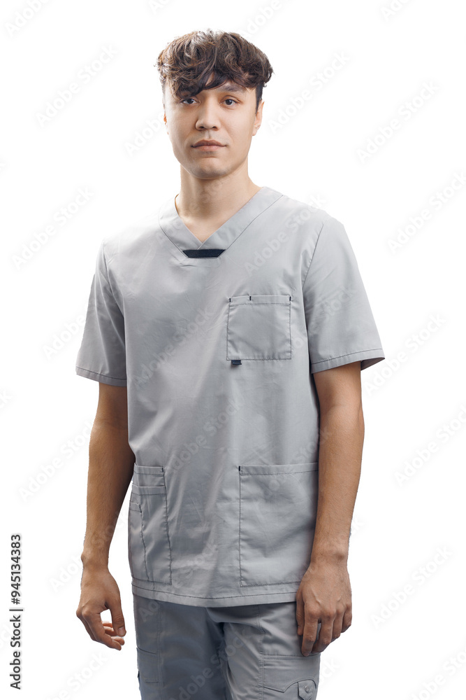 Portrait of young male professional dentist, white background banner Portrait of young male professional dentist, white background banner