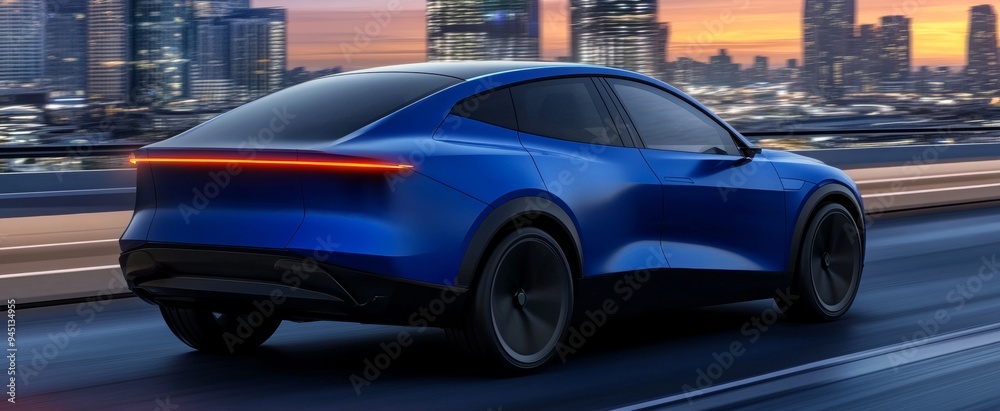 Obraz premium A blue electric SUV driving on the highway