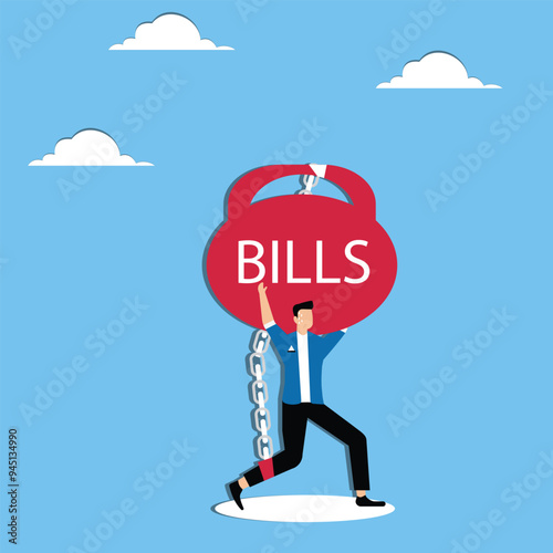 Man chained with prison shackles to bills