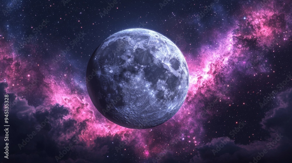Cosmic moon surrounded by vibrant galaxies and distant stars, deep space and mystical atmosphere Cosmic moon surrounded by vibrant galaxies and distant stars, deep space and mystical atmosphere