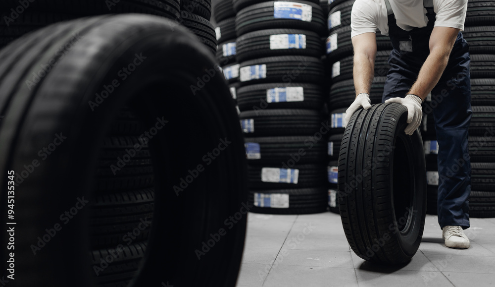 Closeup mechanic holding new tire at store warehouse garage. Replacement of winter and summer tyres Closeup mechanic holding new tire at store warehouse garage. Replacement of winter and summer tyres