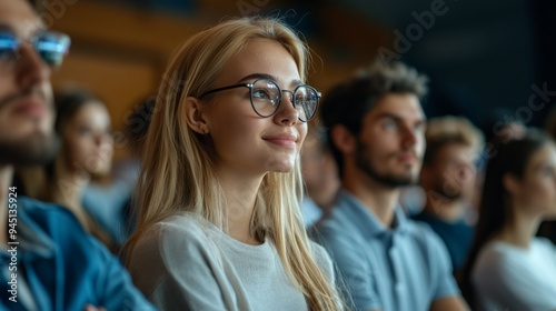 A woman with glasses is smiling at a crowd of people