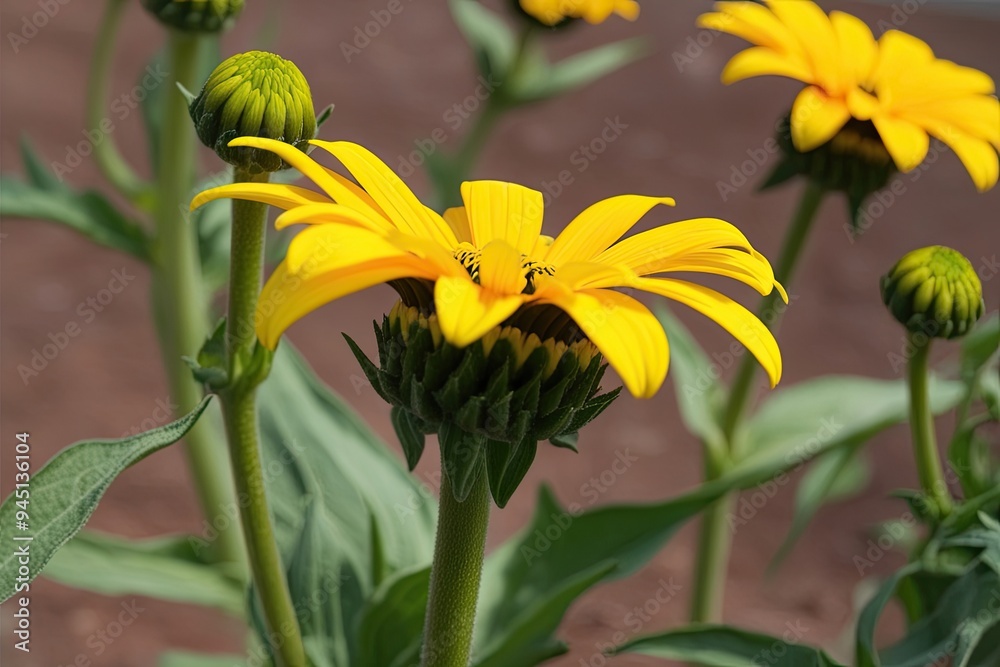 Fototapeta premium Isolated Bright Yellow Zinnia Flower Stem on White Background