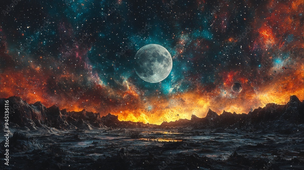 Cosmic moonrise, the moon emerging over an alien horizon, vibrant nebulae in the sky, otherworldly vibes Cosmic moonrise, the moon emerging over an alien horizon, vibrant nebulae in the sky, otherworldly vibes