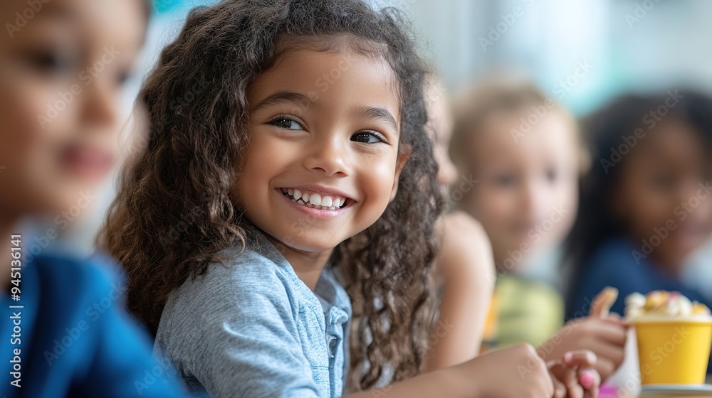 Happy diverse schoolchildren sitting at table and eating lunch at school. Education, inclusivity, elementary school. copy space for text. Happy diverse schoolchildren sitting at table and eating lunch at school. Education, inclusivity, elementary school. copy space for text.