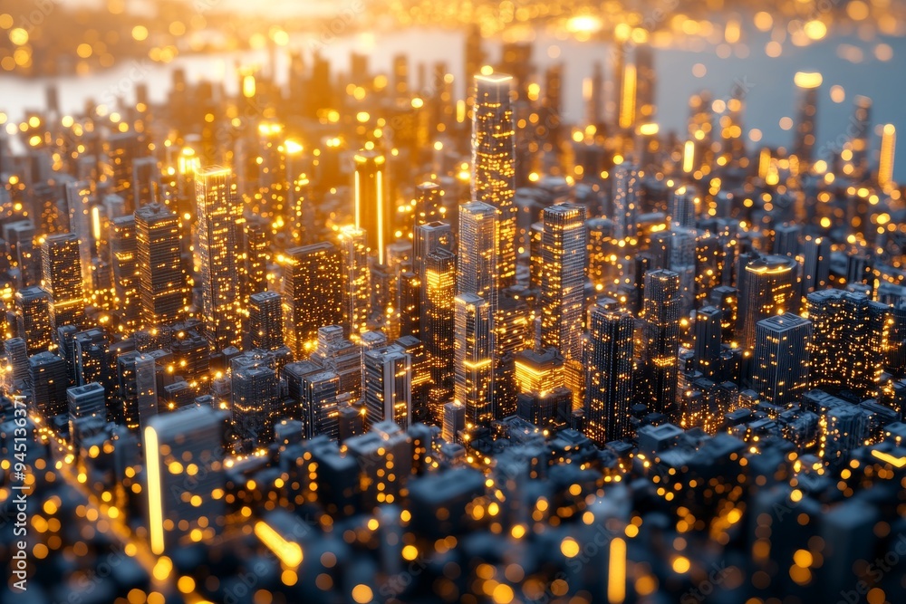 Aerial view of a city at night with illuminated buildings capturing the ...