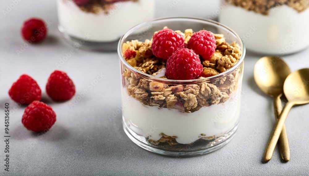 Delicious Yogurt Parfait Layered with Granola and Fresh Raspberries Delicious Yogurt Parfait Layered with Granola and Fresh Raspberries
