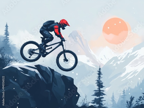 Mountaintop Descent A biker silhouetted against a snowy vista with a sunlike orb a low perspective emphasizes the riders speed and the vastness of the landscape photo