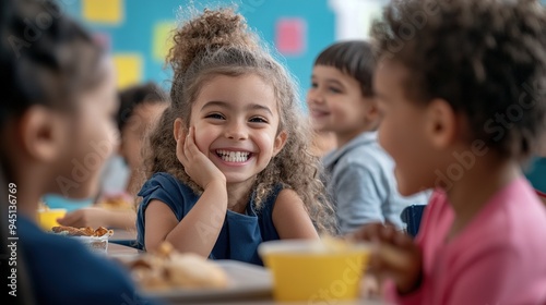 Happy diverse schoolchildren sitting at table and eating lunch at school. Education, inclusivity, elementary school. copy space for text.