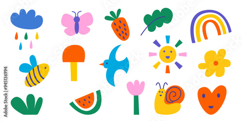 Set of cute naive cutout elements and doodle organic shapes. Kid style.