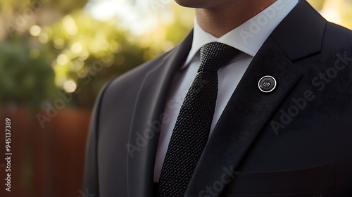 A man in a black suit with a black tie, white shirt and a lapel pin.