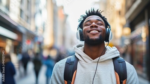 happy young adult African man hipster wearng headphone standing on city street outdoors looking away dreaming. copy space for text. photo