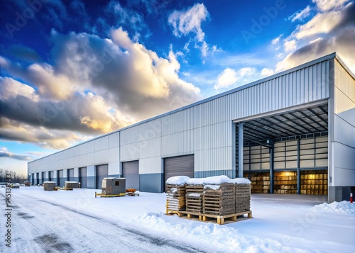 A snow-covered warehouse complex stands under a cloudy winter sky, its open loading bays revealing rows of pallets and equipment in wait. photo