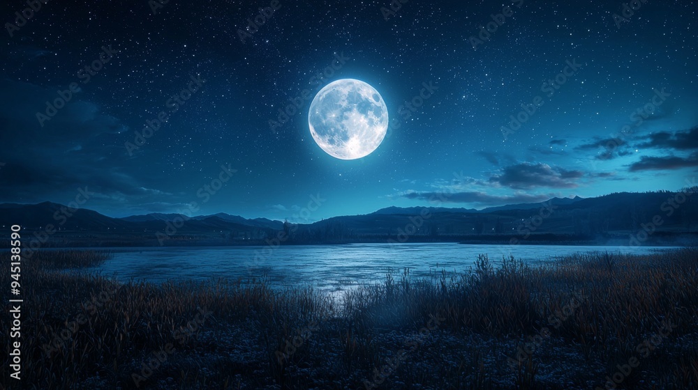 Glowing moon in the night sky, soft light casting a peaceful ambiance over a quiet landscape Glowing moon in the night sky, soft light casting a peaceful ambiance over a quiet landscape