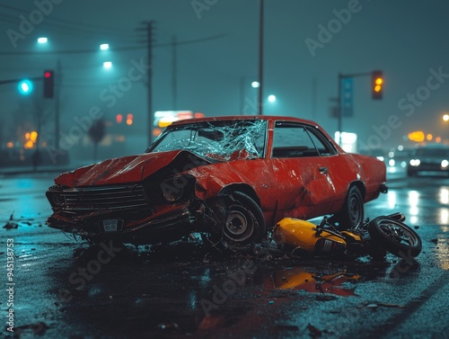 Nighttime Crash A lowangle perspective captures a red car mangled in a collision its shattered windshield reflecting city lights a motorcycle laying beside it photo