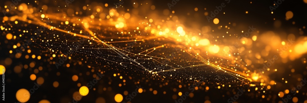 Fototapeta premium Sparkling golden background with network connection and data transfer concept.