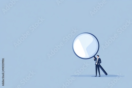 Business concept illustration of a businessman holding a magnifying glass for careful examination and investigation.