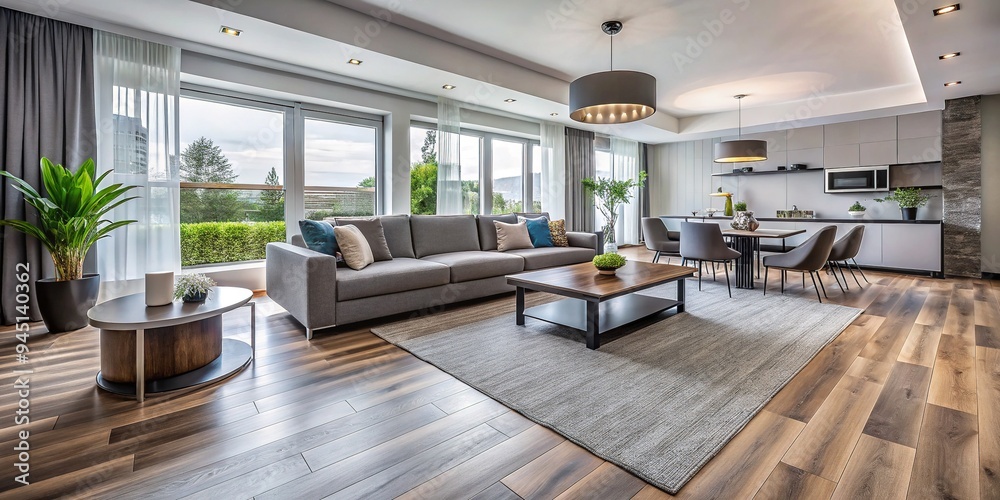 A spacious modern living room boasts a vast, open area with grey vinyl flooring and a plush carpet, creating a cozy atmosphere. A spacious modern living room boasts a vast, open area with grey vinyl flooring and a plush carpet, creating a cozy atmosphere.