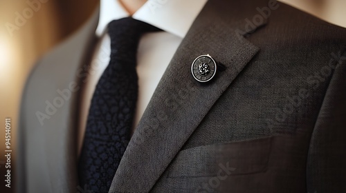 A close-up of a man's suit jacket with a decorative pin. The pin is circular and silver, and it is attached to the lapel of the jacket. The jacket is a dark gray color and has a fine weave. photo