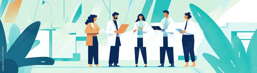 Vector illustration of medical professionals discussing patient care in a modern healthcare facility with greenery around. Vector illustration of medical professionals discussing patient care in a modern healthcare facility with greenery around.