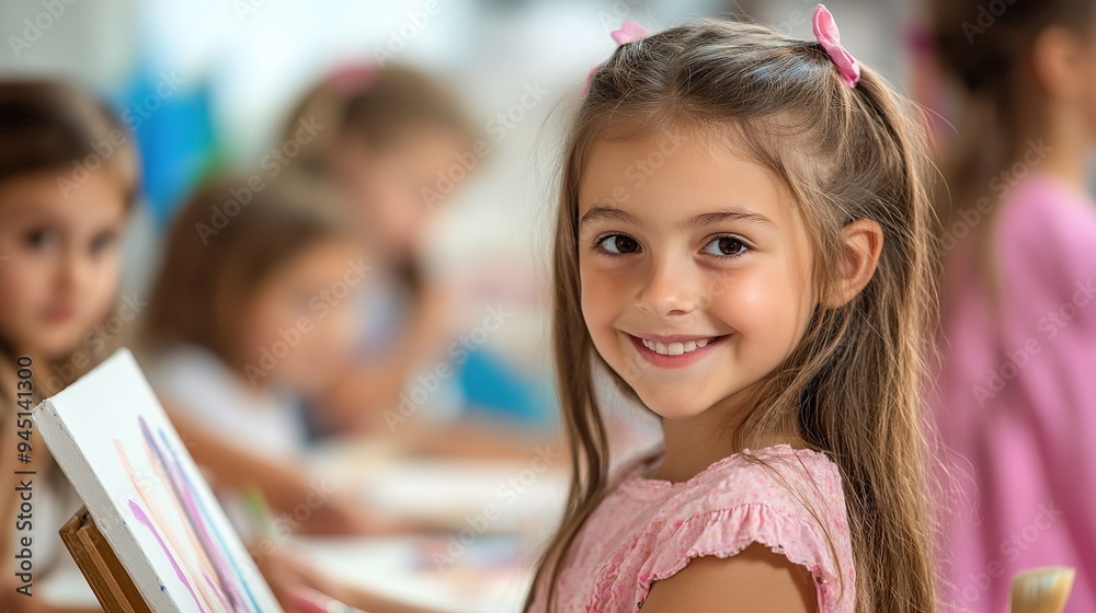 Kids have art class, drawing, painting with teacher in workshop. A young girl in a pink dress smiles while painting. copy space for text.