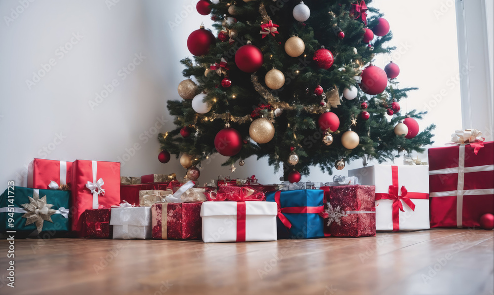 A decorated Christmas tree stands in front of a window, with presents piled underneath A decorated Christmas tree stands in front of a window, with presents piled underneath