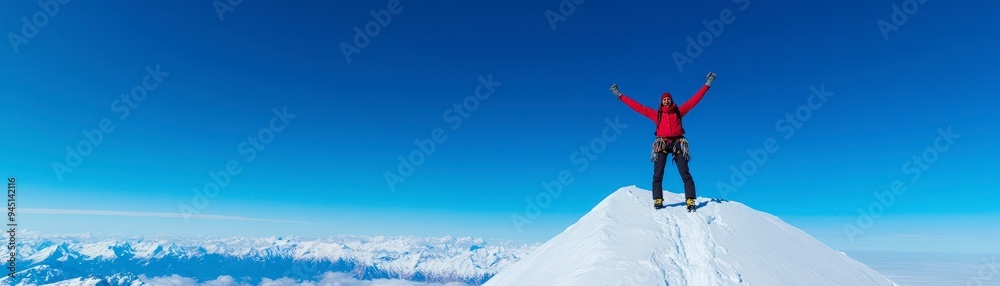A climber celebrates reaching the summit of a snowy mountain under a clear blue sky. A climber celebrates reaching the summit of a snowy mountain under a clear blue sky.
