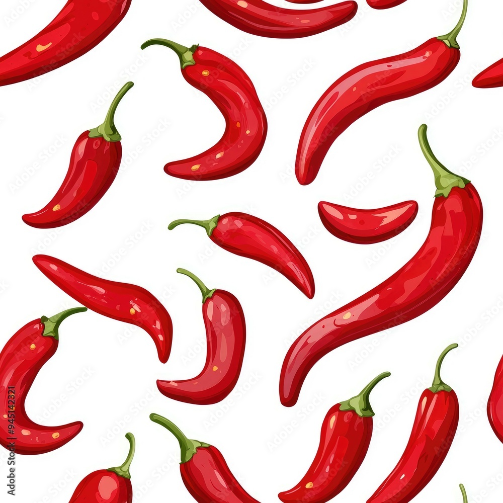 A Seamless Pattern of Red Chili Peppers on a White Background A Seamless Pattern of Red Chili Peppers on a White Background