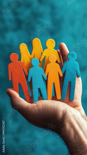 HR management personalized coaching, flat design, isolated background, figures holding personalized symbols, blue background, close-up, studio lighting
