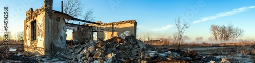 Burnt debris of a house on a concrete foundation in a serene countryside landscape beneath a clear blue sky