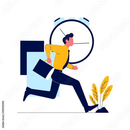 Employee Businessman Man Running Fast Go to Work with Time Beaker Clock