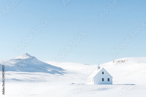 photo of white church stands alone in the snowy landscape 