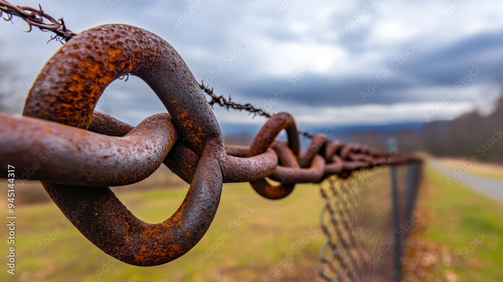A close-up shot of a rusted chain-link fence with weeds and overgrowth surrounding it A close-up shot of a rusted chain-link fence with weeds and overgrowth surrounding it