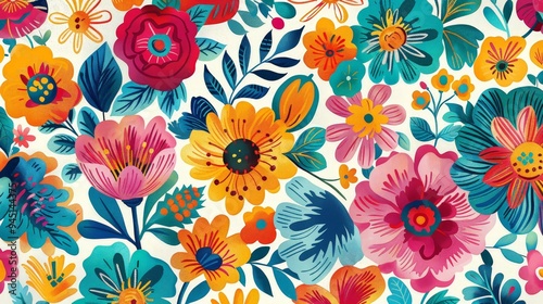 A vibrant floral pattern with bold, colorful blooms and intricate leafy vines. The flowers are depicted in a range of bright hues