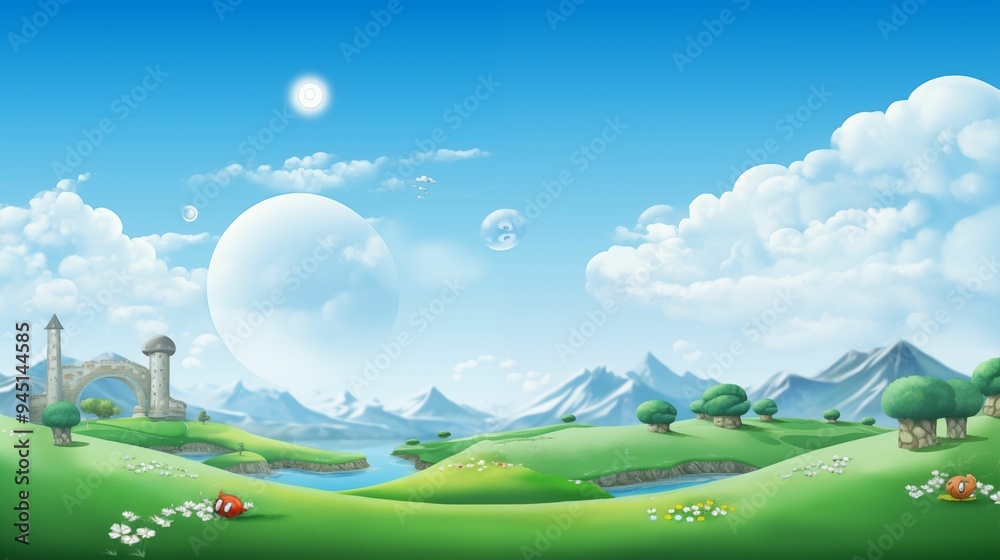 Fototapeta premium games world map with multiple islands, waterfalls, and rivers, a bright blue sky, green grassy fields background. Generative ai