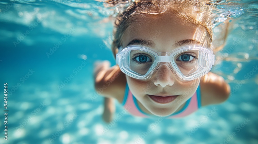 Fototapeta premium A young girl is swimming in a pool wearing goggles