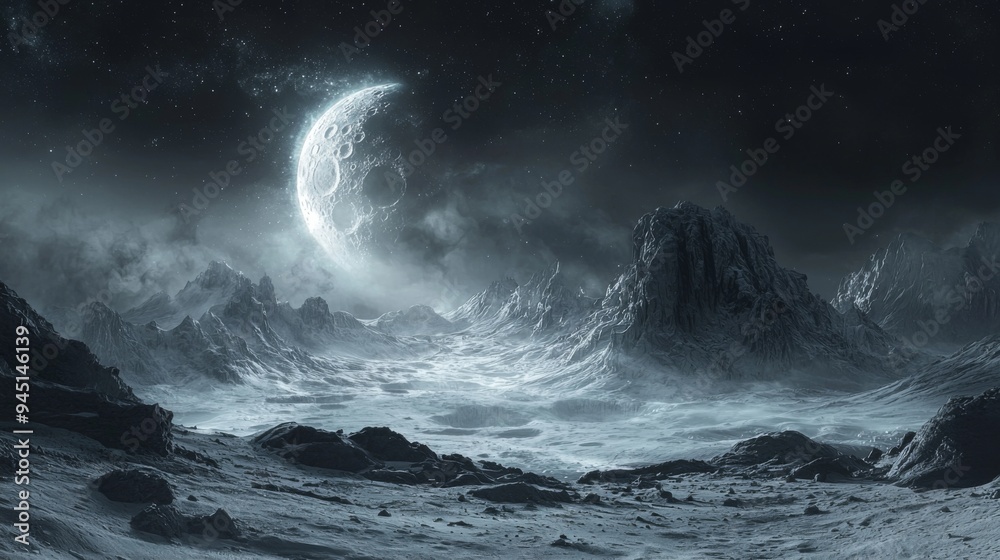 Fototapeta premium Lunar landscape under a mystical light, surreal and otherworldly atmosphere