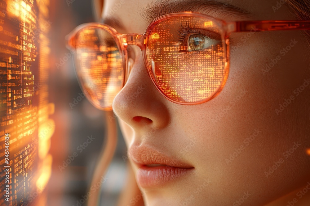 Close Up of a Woman Wearing Orange Glasses Reflecting Data Screens Capturing the Intensity of Analytical Thinking and Precision in the Digital Age Close Up of a Woman Wearing Orange Glasses Reflecting Data Screens Capturing the Intensity of Analytical Thinking and Precision in the Digital Age
