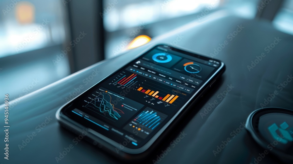 A visually appealing data dashboard on a mobile device. The scene includes interactive graphs A visually appealing data dashboard on a mobile device. The scene includes interactive graphs