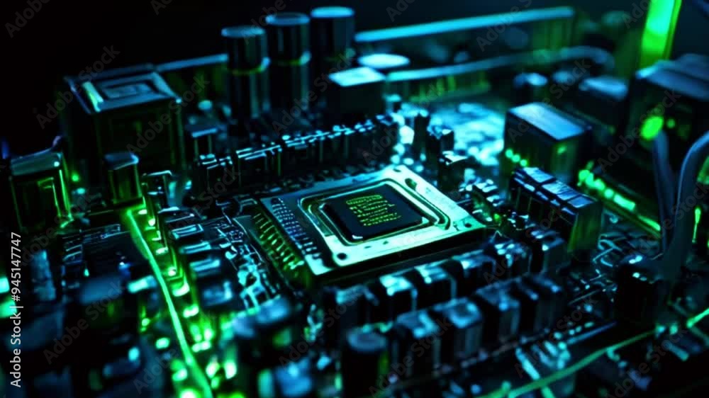 Close-up of a computer motherboard with a green glowing CPU. Close-up of a computer motherboard with a green glowing CPU.